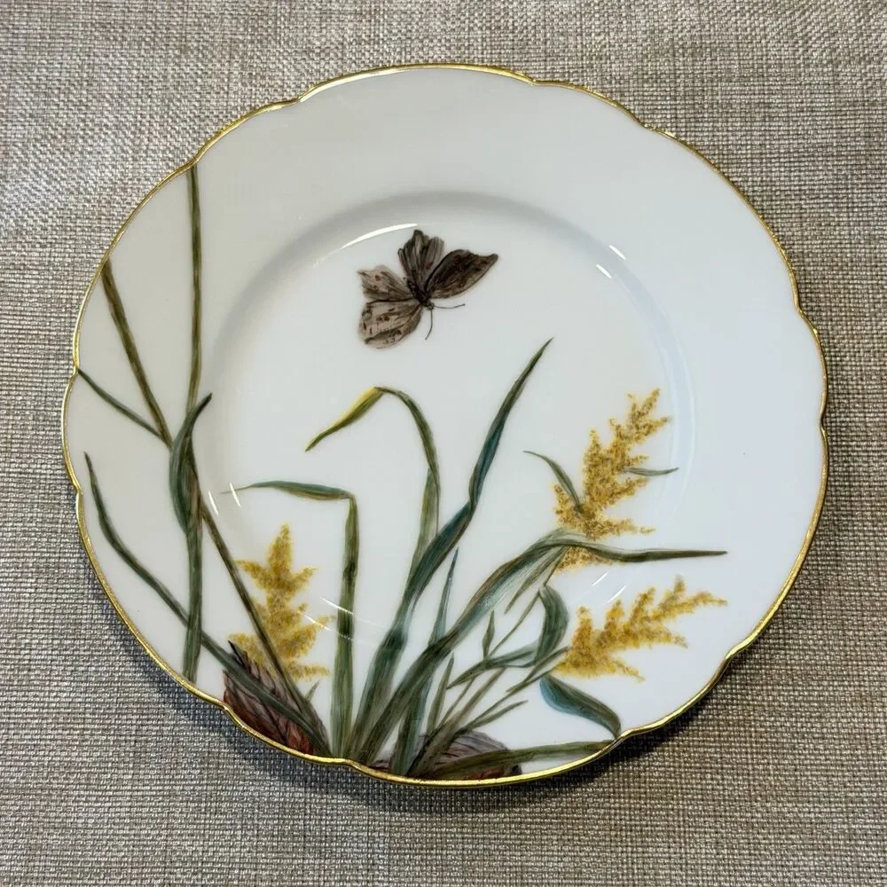Antique H & Co Limoges Hand Painted Butterfly Grass Green Gold 7 3/4” Gold Edge
